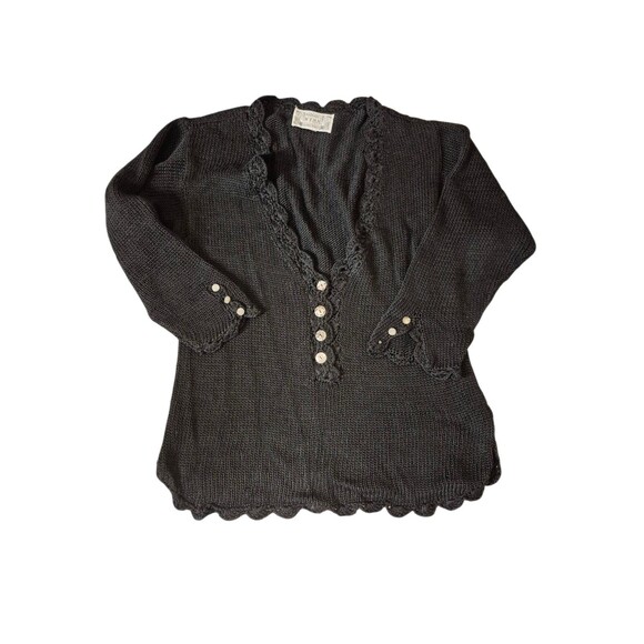 Margaret Wynn VTG Hand Loomed Sweater Boho Crochet Mother of Pearl Blk Sz O/S - Picture 1 of 9